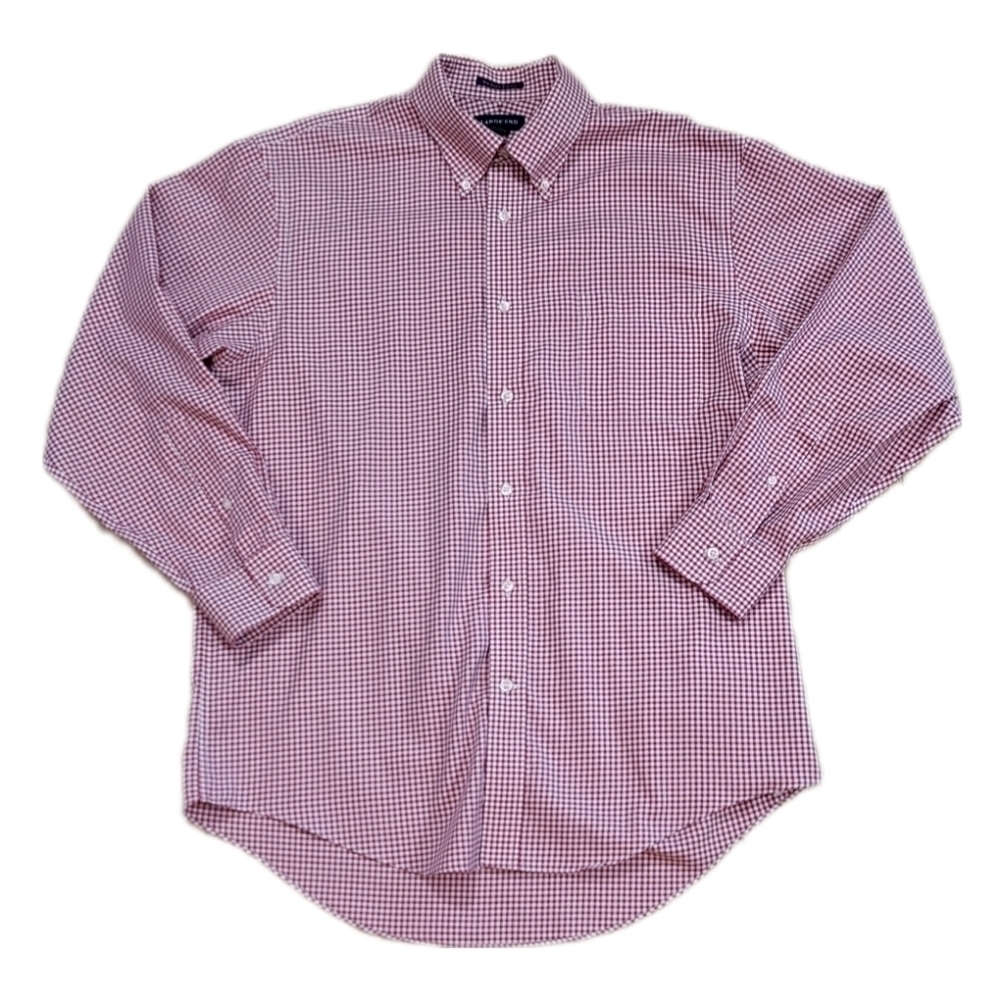 Lands End Mens Red White Gingham No Iron Twill Button Down Shirt 16-33 L